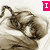 A pixelated grayscale image of a person lying down with a blanket, overlaid with pink text in three different configurations.