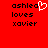 Red background with black pixelated text reading 'ashlea loves xavier' and a white heart symbol replacing the letter 'a' in 'ashlea'.