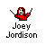 Pixel art of a red-hooded figure with white face, arms raised, below text 'Joey Jordison' on gray background.
