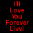 Red pixelated text 'I'll Love You Forever Livvi' on black background with white rectangular overlays shifting across the text.