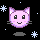 Pixelated pink cat face with closed eyes, whiskers, and pink cheeks against black background with white snowflakes and stars.