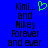 Blue background with black pixelated text reading 'Kmi... and Mikey Forever and ever' on both sides, one side featuring a green heart symbol.