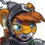Pixelated character with orange fur, blue eyes, and a brown cap wearing dark armor with metallic accents.