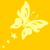 Yellow background with light yellow butterflies and white stars scattered across the image.
