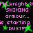 Pixelated text and green starbursts on black background with repeated phrases about a knight's armour rusting.