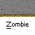 Pixelated green zombie character with red eyes and yellow clothing appears in multiple poses across a gray background with brown ground and tombstones.