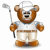 A static cartoon bear mascot holding a golf club next to multiple blue text boxes with "golf!" and one box reading "i Love ..." on a gray background.