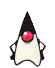 A cartoon character with a black pointed hat, white body, and red circular eye displays multiple hand gestures