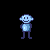 Pixelated blue character with rounded head and simple limbs performs actions including raising hand, holding red heart outline, and forming heart shape with arms against black background.