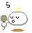 Pixelated character with white rounded body, yellow top, and green checkered prop, showing facial expression changes and musical note animations.