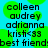 Pixelated text list on cyan background with green circular overlays, showing names and phrases in black blocky font.