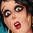 Pixelated close-up of a person with light skin, dark hair, and red lips holding a white object in their mouth.