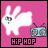 Pixelated white rabbit with gray eyes and mouth stands beside a blue boombox on pink background, text 'HIP HOP' below.