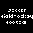 Pixelated text displays soccer, fieldhockey, and football in white on black background with cyan highlight rectangles.