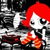 A cartoon character with red hair and striped scarf appears in a repeating , holding hands near a small table while text changes from 'HURT' to 'ME' across frames