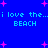 Blue background with pink starbursts and repeated cyan text reading "i love the...BEACH" in two
