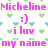 Pixelated image with pink text reading "Micheline" at top, ":)" in middle, and "i luv my name" below, surrounded by green and blue heart shapes on white background.
