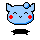 Two side-by-side pixel art frames of a light blue cartoon character with red cheeks, black outlines, and a small bubble on its head against a gray background.