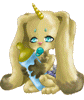 Animated character with long ears, golden horn, and blue teardrops holding a bottle with dark liquid.
