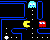 Static pixel art of a yellow Pac-Man character navigating blue maze corridors on black background with white pellets and two ghost characters.