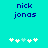 Pixelated text 'nick jonas' in dark blue on cyan background with five white and light blue plus signs below.