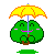 A 4-frame animated contact sheet showing a pixelated green frog-like character holding a yellow umbrella with orange trim, standing on a small patch of grass against a gray background.