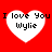 Four identical white heart shapes on a solid red background, each containing black pixelated text reading "I love You" above "Wylie".