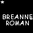 Black background with white pixelated text 'BREANNE ROMAN' repeated in , scattered white and gray stars, and a gray rectangular overlay in the bottom-right corner