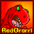 A 4-frame animated contact sheet showing a red dinosaur mascot with green eyes and yellow text "RedGrarrl" against an orange gradient background, each frame depicting slight variations in mouth position and background brightness.