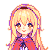 Pixel art character with long blonde hair and red cape, shown in six variations of facial expressions against gray background.