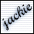 Pixelated black text reading 'Jackie' on a white background with light gray horizontal lines, framed by a thin black border.