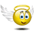 Yellow spherical icon with white wings and golden halo, blue eyes, smiling mouth, gray background.