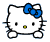 Pixelated white cat face with blue bow, black eyes and whiskers, yellow nose; left view shows open mouth, right view shows closed mouth.