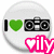 Two circular icons display 'I [heart] [boombox]' with 'ily' text below; left icon has green heart and pink 'ily', right icon has pink heart and green 'ily'.