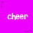 A static image with a bright purple background featuring repeated white text 'cheer' and small dark purple star shapes.