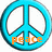 Three cyan peace symbols with orange text: 'peace' on top-left, 'out' on top-right, and 'cub scout!' on bottom-left.