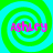 Four identical display a name over spiraling green and cyan concentric circles with pixelated text