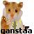 Pixelated image of a light brown hamster with dark eyes and pink nose holding green leafy object, below black text reading 'qansta' on white background.