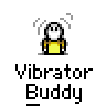 Pixel art contact sheet of 8 animated frames showing a yellow stick figure with white head and arms, each labeled "Vibrator Buddy" in pixelated text below the icon.