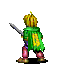 Pixelated character with blonde hair and green cape holding sword, standing against gray background.