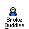Animated contact sheet of pixel art buddy icons featuring a white stick figure in blue clothing with various poses, expressions, and text bubbles across 17 frames.