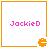 Pixelated pink text "JackieD" centered in a white square with orange border, featuring an orange Pac-Man icon in the bottom-right corner that changes orientation across frames.