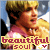 Two side-by-side animated frames of a pixelated cartoon character with blonde hair wearing a pink top, featuring text "beautiful soul" in different colors on yellow backgrounds.