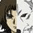 Static 48x48 pixel buddy icon showing a split-face character with dark hair on one side and light skin/white background on the other, rendered in low-resolution grayscale tones with visible dithering.