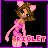Pixel art character with brown hair, blue eyes, and pink cat ears wearing a pink dress with purple accents against black background.