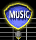 Blue shield-shaped icon with yellow border displaying 'MUSIC' text, set against background with gray circular element below