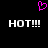 A black background displays two identical white 'HOT!!!' text blocks with a pink pixelated heart symbol above them.