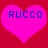 Two pink hearts on a red background with blue text reading RUCCO inside each heart.