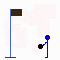 Animated sequence of a blue stick figure interacting with black balls near a brown flag on a pole.