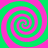 Four identical spirals in alternating green and pink colors arranged in a pattern on a solid background